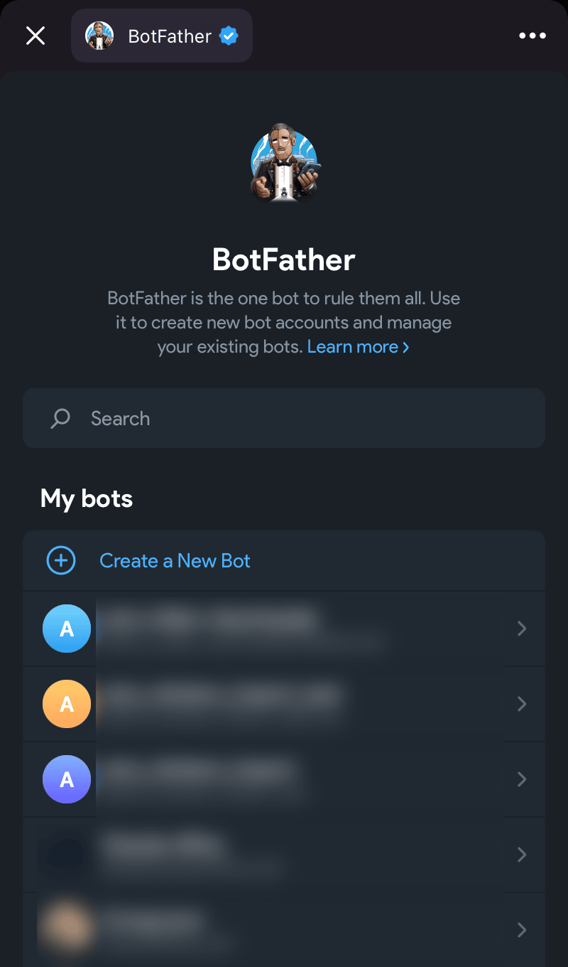 The @BotFather window: the “My bots” section with the “Create a New Bot” button, bot names are blurred