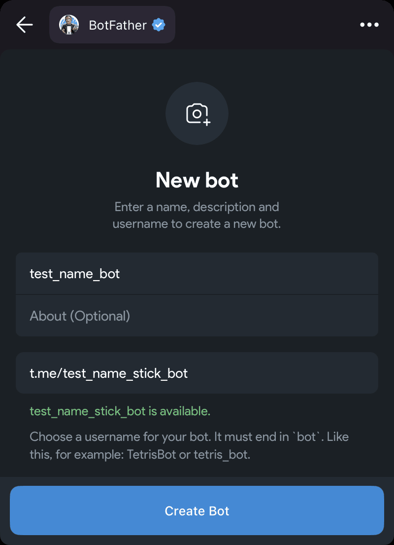 The “New bot” form in @BotFather: the bot name, the username marked “is available” and the “Create Bot” button