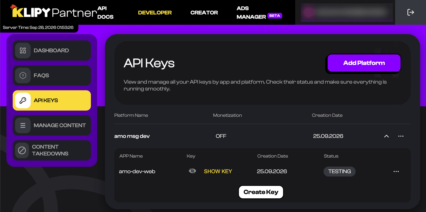 API Keys page in the KLIPY Partner Panel: a platform with an app, a hidden key with “Show key”, the “Testing” status and the “Add Platform” and “Create Key” buttons