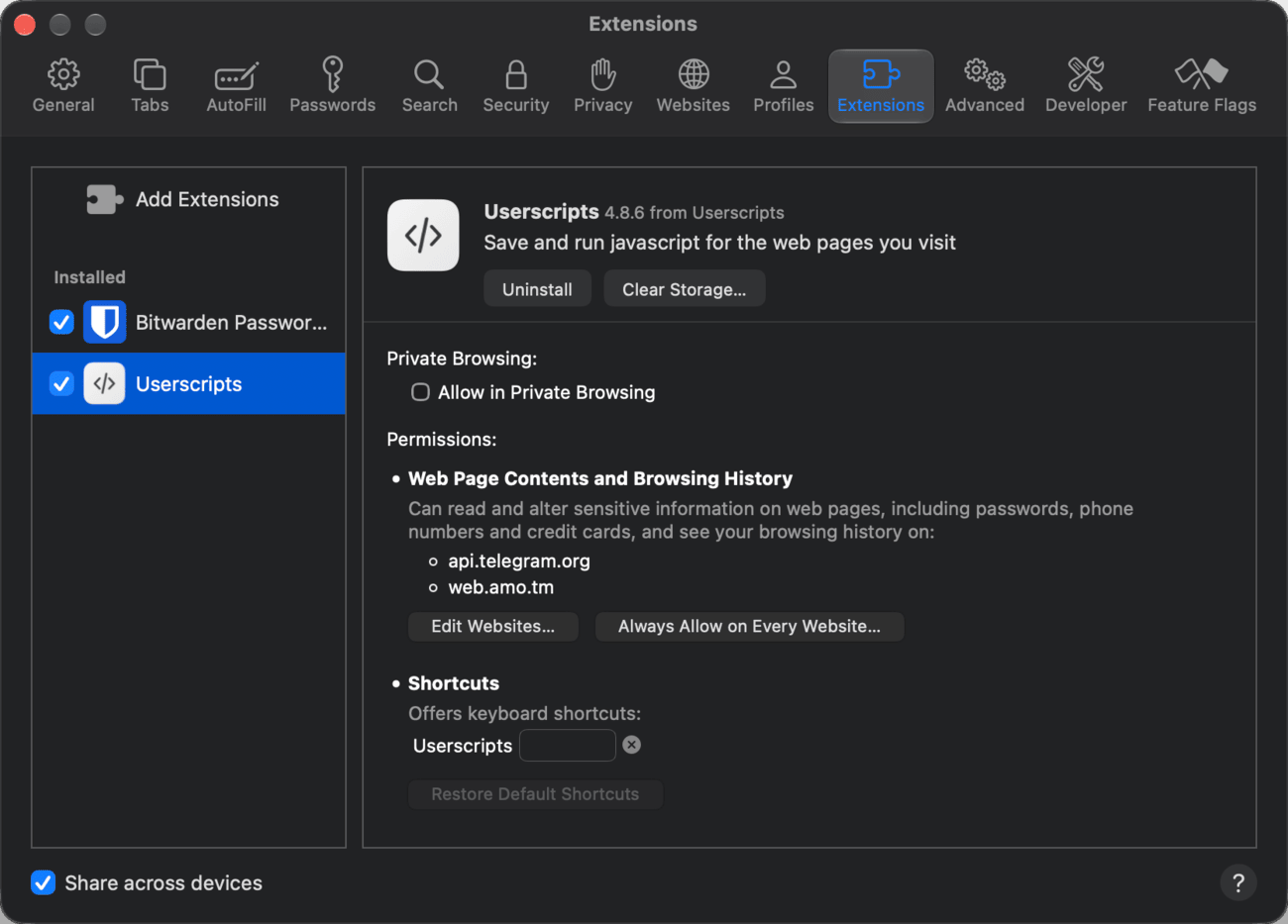 Safari settings, the Extensions section: Userscripts is on, web.amo.tm and api.telegram.org in the permissions list